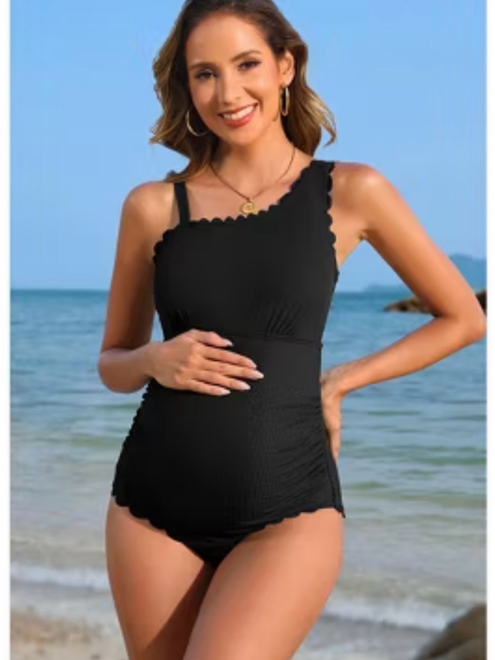 Black One-Shoulder Scalloped Maternity Tankini